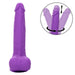 A pink dildo named the Silicone Stud Rumbling & Thrusting 9.5 Inch from CalExotics features a realistic texture, silky silicone material, and a suction cup base. The inset image showcases its ability to bend and rotate, demonstrating its impressive flexibility.