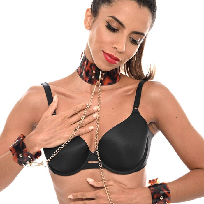 Model wearing Sincerely Amber Adjustable Neck and Wrist Restraints