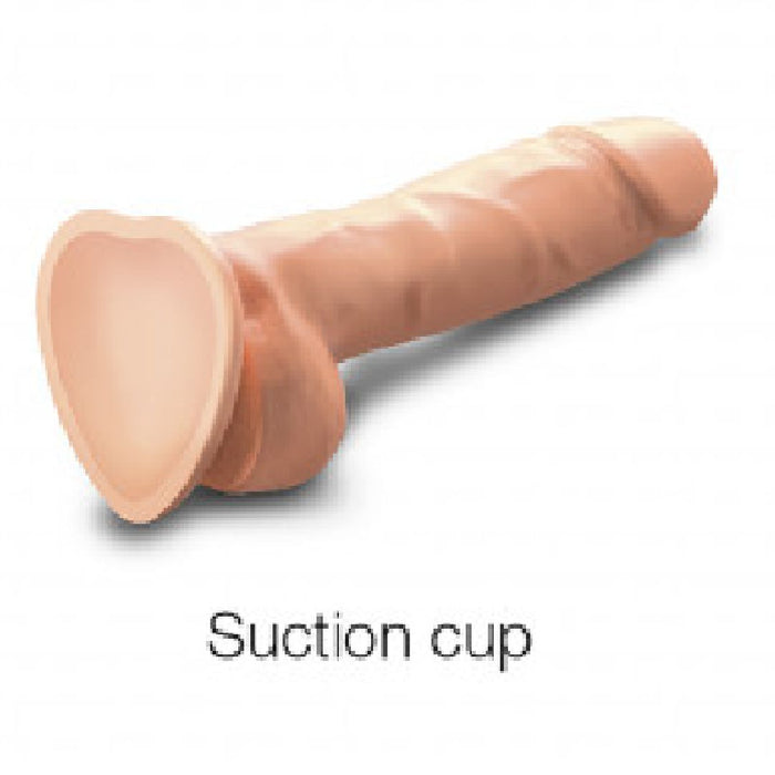 Illustration of a Sliding Skin Realistic 7.75 Inch Vanilla Silicone Dildo with Suction Cup from Lovely Planet, displayed horizontally with the suction cup visible on the left side.