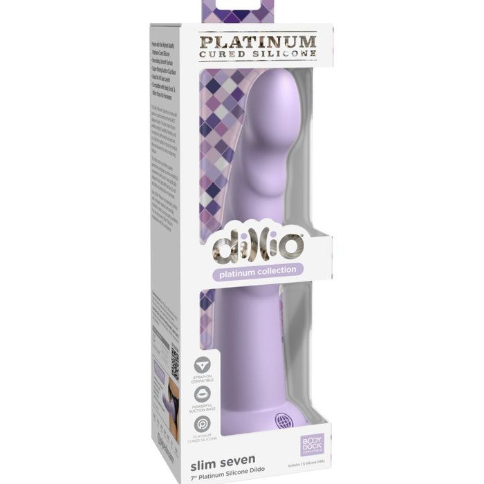 Packaged platinum-cured silicone suction cup dildo from the Pipedream Products 'amilo' collection, featuring the Slim Seven 7 Inch G-Spot & Prostate Tapered Dildo - Purple design, presented in a sleek box with purple details.