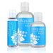 Three bottles of Sliquid Naturals H2O Water Based Lubricant - Various Sizes by Sliquid are shown. The bottles, which come in 2.0 oz, 4.2 oz, and 8.5 oz sizes, contain a clear, hypoallergenic water-based formula. Each bottle features blue labels with the product name and a white floral design.