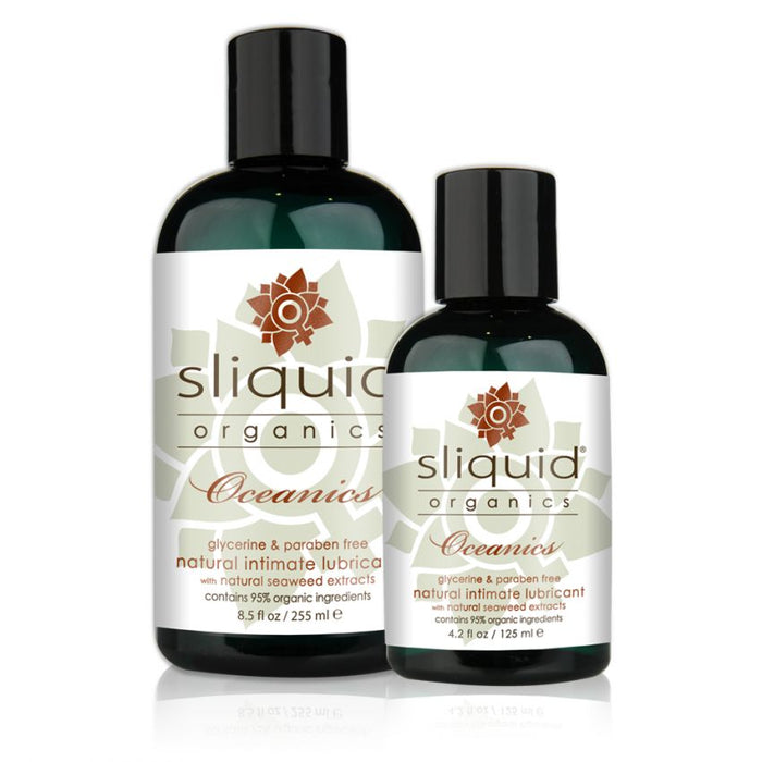 Two bottles of Sliquid Organics Oceanics Aloe Based Lubricant by Sliquid are pictured. The larger bottle is 8.5 fl oz (255 ml), and the smaller one is 4.2 fl oz (125 ml). These glycerine- and paraben-free lubricants, enriched with natural seaweed extracts like carrageenan from red algae, are suitable for intimate use.