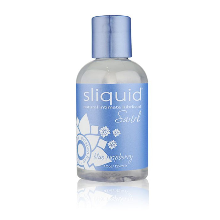 A clear bottle of Sliquid Swirl Blue Raspberry Flavored Lubricant with a blue label and cap. The label features decorative patterns and indicates the flavor as blue raspberry. This pH-balanced, vegan-friendly lubricant comes in a 4.2 fl oz (125 ml) bottle from Sliquid.