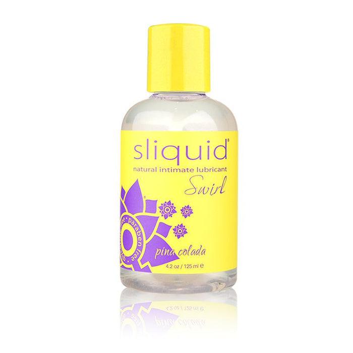 A bottle of Sliquid Swirl Pina Colada Flavored Lubricant with a Piña Colada flavor. The clear 4.2-ounce, vegan-friendly, water-based lube features a yellow label adorned with purple floral graphics and text, along with a matching yellow cap. The label reads "natural intimate lubricant" and states the volume as 125 ml.