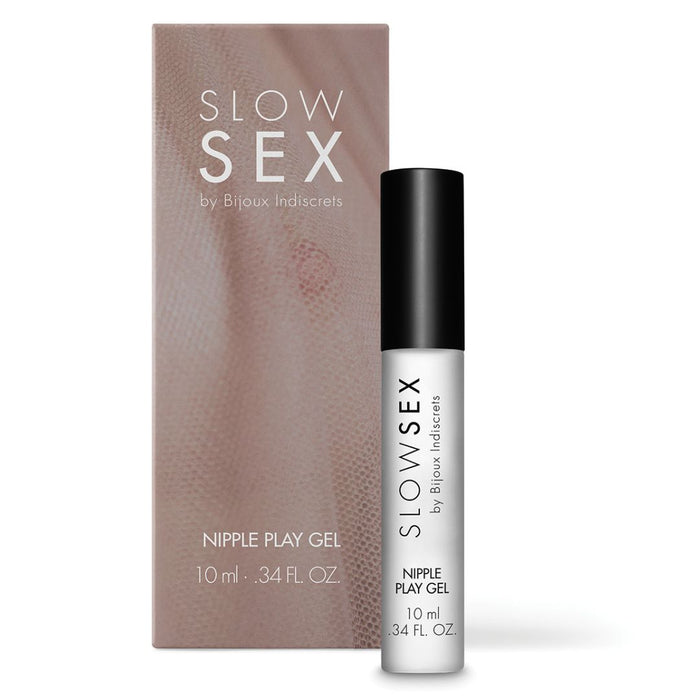 Product display of "Slow Sex Nipple Play Gel" by Bijoux Indiscrets, featuring a 10 ml tube with cooling effect packaging.