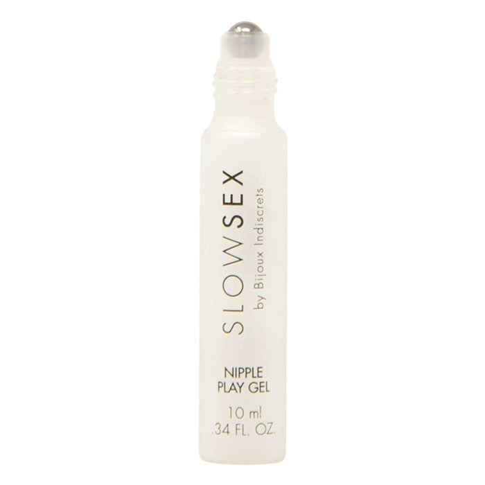 A bottle of "Bijoux Indiscrets Slow Sex Nipple Play Gel", containing 10 ml / .34 fl. oz. of water-based product for sensual use with a cooling effect.