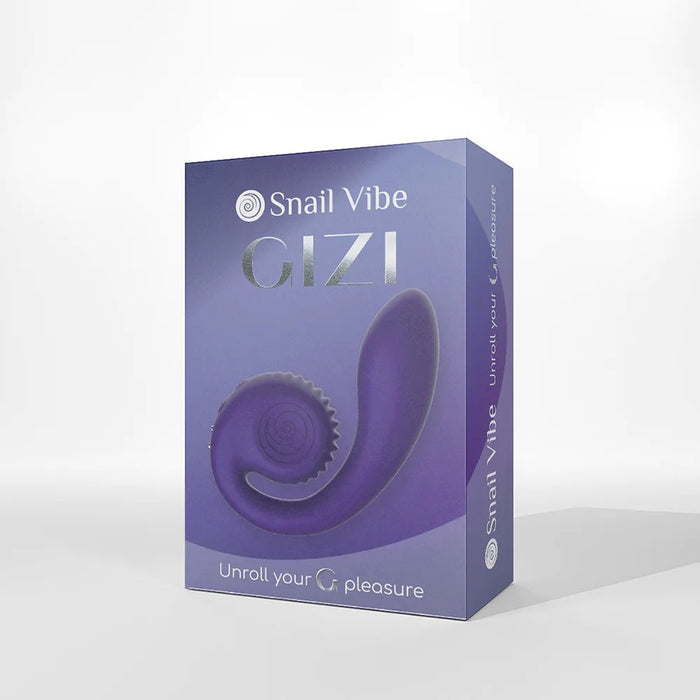 The product box for the Snail Gizi Compact Ultra Powerful 2 Motor Dual Stimulating Vibrator - Purple features an image of a purple dual-stimulation vibrator. The design is predominantly purple with white text, including the tagline "Unroll your G pleasure." The Snail Vibe logo is displayed at the top-left corner.