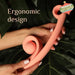 Two hands hold a peach-colored, S-shaped Snail Vibe Curve Ultra Powerful 2 Motor Dual Stimulating Vibrator with an ergonomic shape against a backdrop of green leaves. The device features a ribbed, spherical end and a smooth handle with a circular opening at the top. Text on the image reads "Snail Vibe Curve: Ergonomic design.