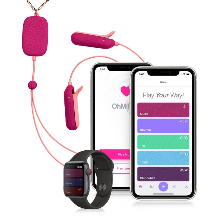 A smartphone and smartwatch display the OhMiBod Remote App featuring Music, Rhythm, Tap, and Touch options. Two magenta Sphinx Bluetooth App-controlled Vibrating Nipple Clamps made of body-safe silicone are connected to enable interactive vibrations.