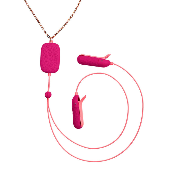 The Sphinx Bluetooth App-controlled Vibrating Nipple Clamps, in pink, have a thin connecting cable and a coral clip with a textured surface made from body-safe silicone. These clamps are attached to a chain for portability and style, ideal for on-the-go use.