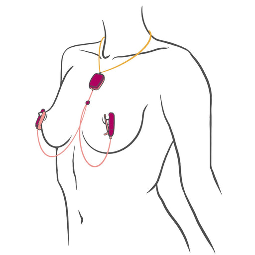 Illustration of a person wearing electronic devices on their chest, resembling the Sphinx Bluetooth App-controlled Vibrating Nipple Clamps, and another device on a necklace. Red wires link the gadgets, suggesting a medical or fitness monitoring system.