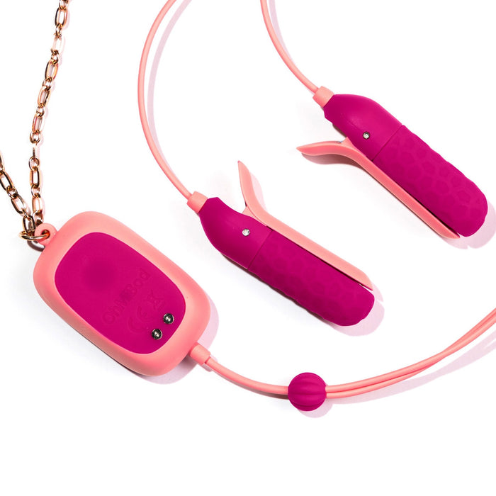 The Sphinx Bluetooth App-controlled Vibrating Nipple Clamps, in pink and purple, feature a textured vibrating clamp set with two attachments, a corded remote control device for convenience, and a chain for wearing or carrying, providing varying sensations.