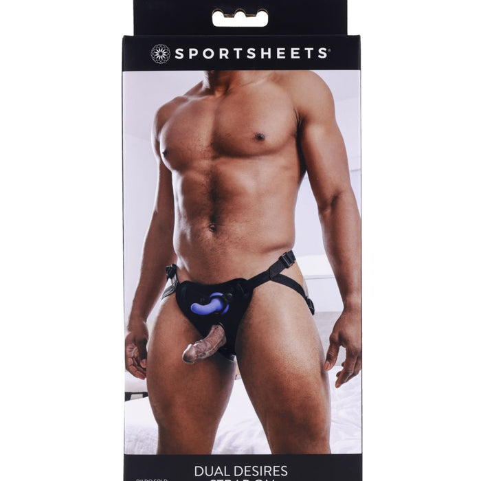 Mannequin displaying a Sportsheets Dual Desires Double Penetration Strap On Harness in packaging with a dual O-Rings feature.