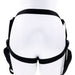 White mannequin lower torso wearing a black Sportsheets Dual Desires Double Penetration Strap On Harness with dual interchangeable O Rings, isolated on a white background.