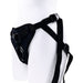 Sportsheets Dual Desires Double Penetration Strap On Harness with adjustable straps and interchangeable O Rings displayed on a white mannequin torso.