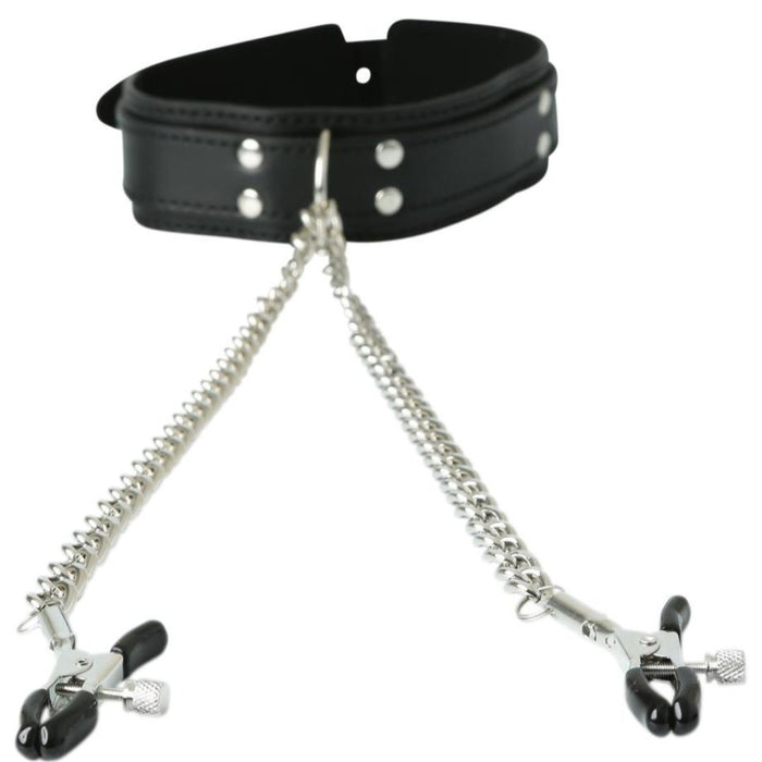 Vegan Leather Collar with Nipple Clamps by Sportsheets