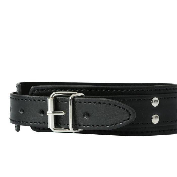 Vegan Leather Collar with Nipple Clamps by Sportsheets close up of the collar buckle