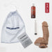 Squirting Realistic Cock 7.4 Inch Ejaculating Suction Cup Dildo  - Vanilla with a white background showing the dildo, care guide, storage bag, syringe, and lube sample