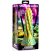 The image reveals the packaging of a product called "Stegosaurus Spiky Reptile Silicone Dildo" by XR Brands. The packaging showcases a spiky silicone sex toy against a vibrant, fantasy-themed background with lightning and dinosaurs.