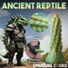 A green anthropomorphic reptile in armor stands next to a textured green silicone sex toy. Insets show close-ups of its unique texture, harness compatibility, and a suction cup base. Text reads "STEGOSAURUS SPIKY REPTILE SILICONE DILDO" and "XR BRANDS CREATURE COCKS" at the bottom.