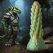 A humanoid lizard warrior in armor stands in a lush, mystical forest beside the large, spiky, glowing Stegosaurus Spiky Reptile Silicone Dildo from XR Brands. The background is filled with tall trees and dense foliage, creating an adventurous and magical atmosphere.