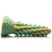 A textured, elongated silicone object from XR Brands, the "Stegosaurus Spiky Reptile Silicone Dildo," features a conical shape adorned with a pattern of raised, teal-colored, scale-like protrusions on a light yellow background. This phthalate-free silicone item, resembling a spiky reptilian dildo, lies horizontally against a white background.