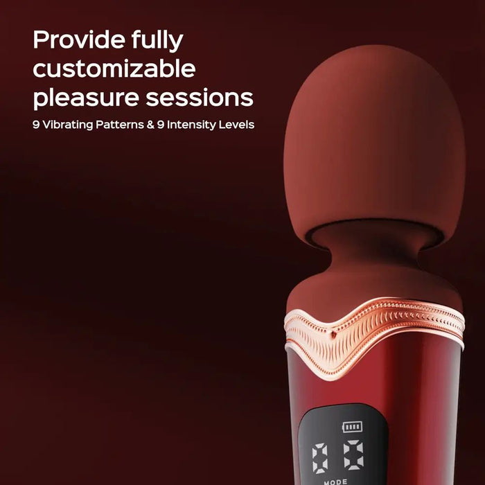 A red handheld massager, the Stormi Powerful Heating Wand Vibrator by Honey Play Box, features a digital display showcasing settings. Accompanying text reads: "Provide fully customizable pleasure sessions. 9 Vibration Patterns & 9 Intensity Levels." The background is a matching red gradient, highlighting the massager's sleek, waterproof design.