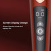 A close-up image of the Honey Play Box's Stormi Powerful Heating Wand Vibrator with Charging Case control panel, featuring an innovative display screen that shows intensity levels and battery life. The panel has digital numbers, a battery icon, and three buttons: up arrow, power, and down arrow. Text reads "Screen Display Design.