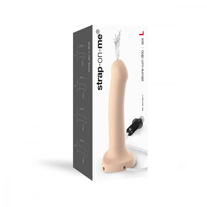 A product box for the Lovely Planet brand's Strap-On-Me 7.5 Inch Silicone Squirting Cum Dildo in Vanilla. The box features an image of the dildo and highlights its features and specifications, making it ideal for adventurous strap-on play.