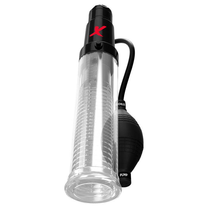 Image of the Suck N Pump Penis Pump & Stroker from Pipedream Products, showcasing its clear cylindrical design with a black handle and a connected black bulb pump. The device includes powerful multi-speed vibrations, measurement markings along its transparent body, and prominently displays a bold red "X" logo on the upper black section.