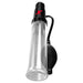 Image of the Suck N Pump Penis Pump & Stroker from Pipedream Products, showcasing its clear cylindrical design with a black handle and a connected black bulb pump. The device includes powerful multi-speed vibrations, measurement markings along its transparent body, and prominently displays a bold red "X" logo on the upper black section.