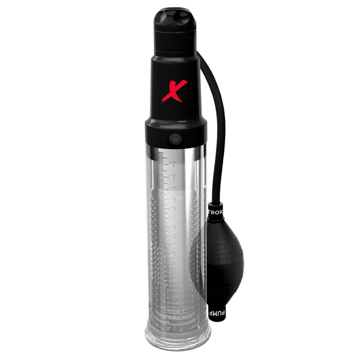 An image of the Suck N Pump Penis Pump & Stroker by Pipedream Products, showcasing a clear cylindrical design with black accents and a manual pump connected via a tube. The cylinder features measurement markings along its length and is adorned with a red "X" logo near the top. The manual pump has a bulb shape for squeezing, enhancing control during use.