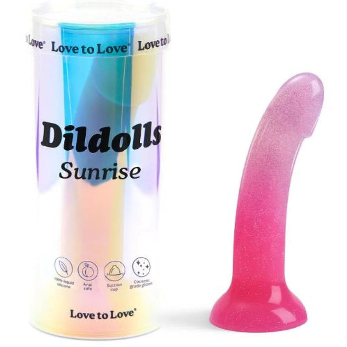 Sunrise Pink Ombre Glitter 7 inch Silicone Dildo next to box 