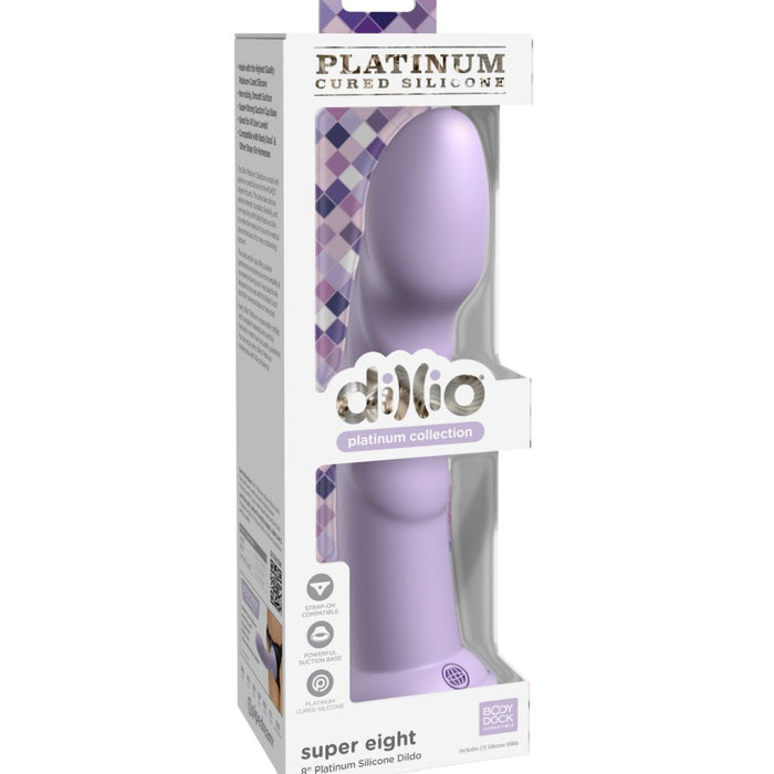 Boxed platinum cured silicone dildo from the platinum collection featured as the Super Eight Long, Thick, Ribbed 8 Inch Silicone Dildo in Purple by Pipedream Products, highlighting its material and premium quality for g-spot and prostate pleasure.