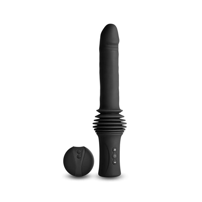 The NS Novelties Super Stroker Thrusting Heating Remote Control Dildo with Mount is a black, cylindrical adult toy with a bulbous tip and a ribbed section near the base. It has control buttons on the front for easy adjustments and comes with a wireless remote controller for seamless operation from a distance, all displayed against a white background.