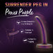 Promotional image for Blush's "Surrender Slim 4.75 Inch Silicone Beginner & Pegging Dildo" in Power Purple, compatible with harnesses and ideal for pegging enthusiasts, featuring a shimmer in Blue Lust. Highlights include its user-friendly design and adaptability for both pegging and anal play, set against a dark purple-themed background.