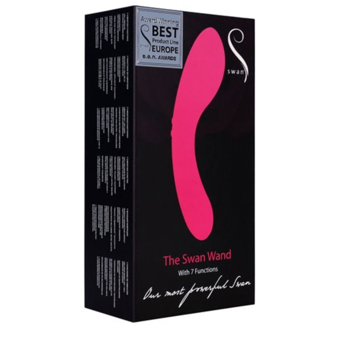 A black rectangular box showcases the Swan Wand Powerful Rumbly Double Ended 2 Motor Vibrator from BMS Enterprises, featuring an image of a pink wand-like object on the front. The text indicates it has 7 functions and is labeled as an award-winning wand vibrator in Europe. Made of 100% silicone, it boasts powerful motors. The tagline reads, "Our most powerful Swan.