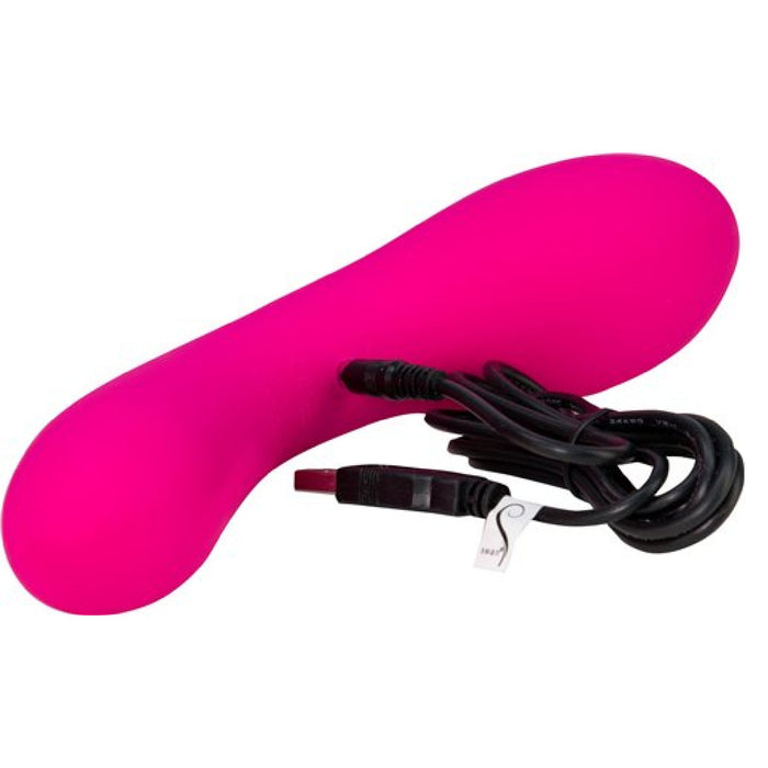 A pink, curvy silicone device known as the Swan Wand Powerful Rumbly Double Ended 2 Motor Vibrator by BMS Enterprises, featuring powerful motors and a charging port, is connected to a black power cord.