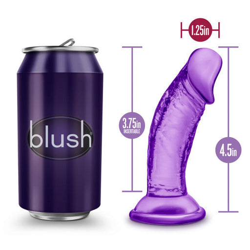 A purple soda can labeled "blush" is shown next to the Sweet n Small Beginner 4 Inch Dildo with Suction Cup in purple. The translucent dildo, ideal for shallow penetration, features an insertable length of 3.75 inches, a total length of 4.5 inches, and a diameter of 1.25 inches. It also includes a strong suction cup for versatile use.