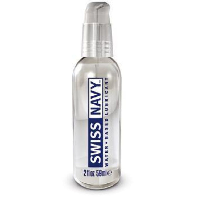 A bottle of Swiss Navy Water Based Lubricant, compatible with sex toys, on a white background.