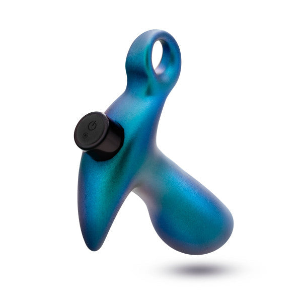 The Teleportation Vibrating Silicone Prostate Massager & Butt Plug by Blush is a sleek, blue and teal metallic device with a smooth, ergonomic design, optimized for anal pleasure. It includes a black button on one side and has a loop at the top, indicating its use as a personal massager or handheld device specifically designed for prostate vibration.