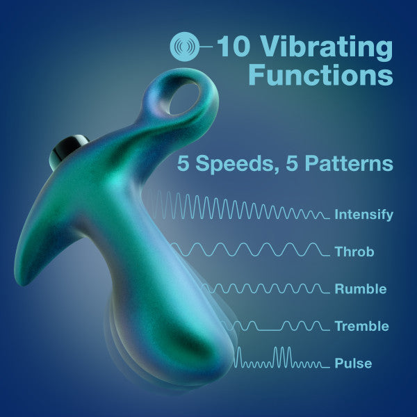 Displayed against a blue background is the Blush Teleportation Vibrating Silicone Prostate Massager & Butt Plug, a blue-green handheld device crafted from smooth silicone for anal pleasure. It showcases its 10 vibrating functions, including features like Intensify and Throb. A small button on the device allows you to control its 5 speeds and 5 patterns.