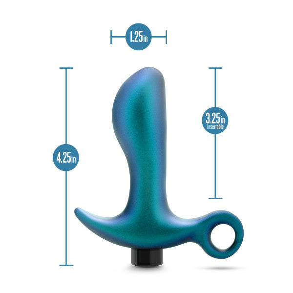 Experience unparalleled anal pleasure with the Blush Teleportation Vibrating Silicone Prostate Massager & Butt Plug, showcasing a stunning blue and green gradient. This high-quality silicone plug comes with three size indicators, a width of 1.25 inches, an insertable length of 3.25 inches, and a total length of 4.25 inches. It also features an easy-to-use loop handle for safe exploration.