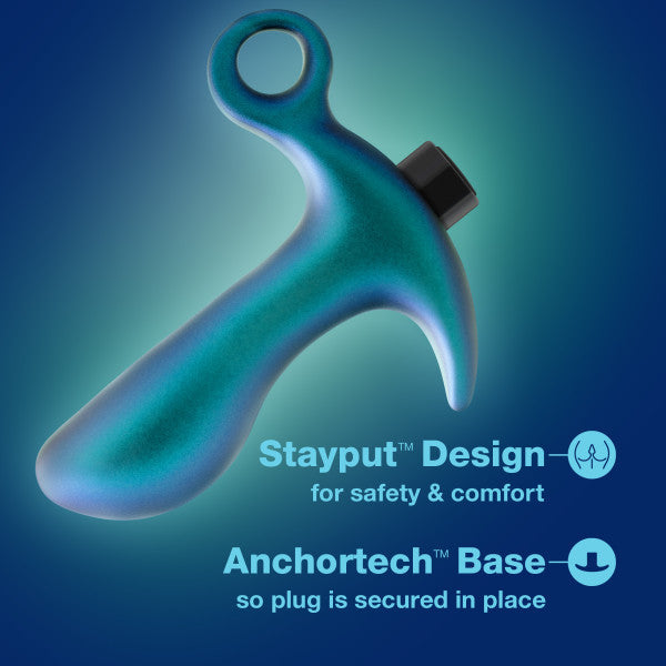 A teal Teleportation Vibrating Silicone Prostate Massager & Butt Plug by Blush, showcasing an ergonomic shape with a loop handle on a blue gradient background. It includes the "Stayput™ Design" for enhanced safety and comfort, alongside the "Anchortech™ Base" for secure placement, offering unmatched anal pleasure.