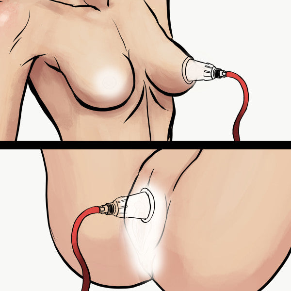 Illustration of two women using the Blush Temptasia Beginner's Breast and Clitoral Pumping System for enhanced pleasure. The first panel shows a woman applying the breast pump to her nipple, while the second panel depicts another woman using the clitoral pump on her genital area.