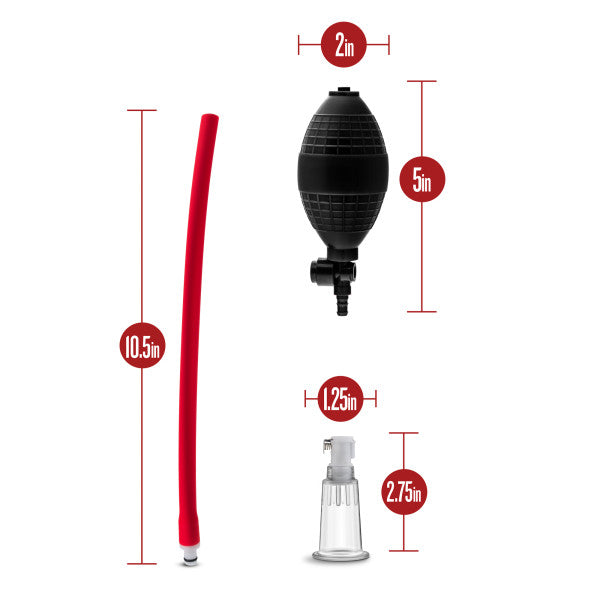 Image showcasing four components of the Blush Temptasia Beginner's Breast and Clitoral Pumping System along with their measurements: a red tube that is 10.5 inches long, a black air bulb designed for enhanced pleasure that measures 5 inches in length and 2 inches in width, a transparent cap that is 2.75 inches long, and a small nipple pumping component measuring 1.25 inches in width.