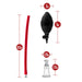 Image showcasing four components of the Blush Temptasia Beginner's Breast and Clitoral Pumping System along with their measurements: a red tube that is 10.5 inches long, a black air bulb designed for enhanced pleasure that measures 5 inches in length and 2 inches in width, a transparent cap that is 2.75 inches long, and a small nipple pumping component measuring 1.25 inches in width.