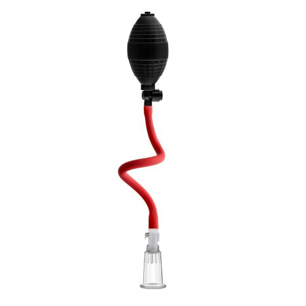 The Temptasia Beginner's Breast and Clitoral Pumping System by Blush is a red vacuum pump featuring a black bulb at the top and a clear plastic suction cup at the bottom, connected by a flexible red tube. This device is perfect for clitoral and nipple pumping, offering enhanced pleasure through controlled suction and vacuum pressure.