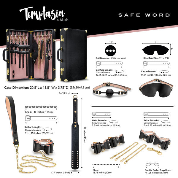 A product image showcasing the beginner-friendly Temptasia Safe Word Bondage Kit with Suitcase by Blush. The set includes a case, blindfold, ball gag, vegan leather collar with leash, and wrist and ankle restraints. Dimensions, materials, and usage instructions for each accessory are displayed.