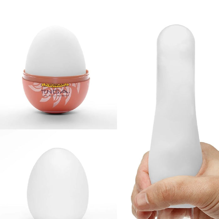 A collage of three images showing two views of an upright Tenga Egg Disposable Penis Masturbator - Misty 2 in an orange cup with an Asian inscription, and one image of a hand holding a cylindrical, frosted glass bottle.